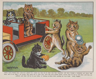 Katter som förbereder sig för en picknick. av Louis Wain