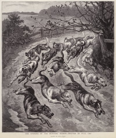 Hundar i full gråt i början av jaktsäsongen (litho) av Louis Wain