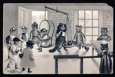 Vi tar vara på det fina vädret. Djur i mänsklig ställning. Kattjockey vägs på en våg. Vykort. Kromolitografi av Louis Wain (1860-1939), en engelsk konstnär känd för sin skildring av katter med stora ögon. Början av 20 av Louis Wain