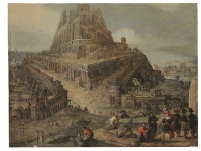Kung Nimrod beordrar byggandet av Babels torn (olja på pannå) av Louis de (circle of) Caullery