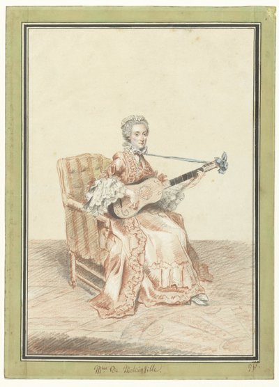 Porträtt av Madame de Montainville som spelar gitarr av Louis de Carmontelle