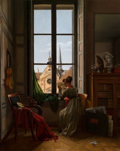 Interiör med ung kvinna som tecknar en blomma, ca 1820-22 (olja på duk) av Louise Adeone Droelling