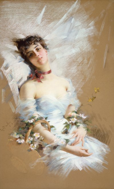Liggande skönhet med korgar med blommor (pastell på papper) av Louise De Hem