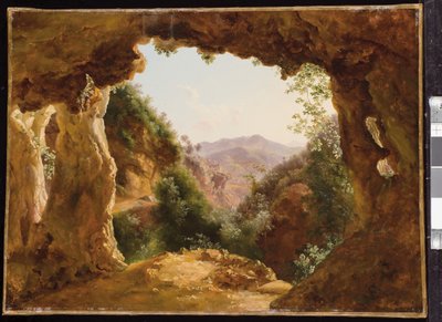 En grotta i ett stenigt landskap (olja på papper monterad på duk) av Louise Josephine Sarazin de Belmont