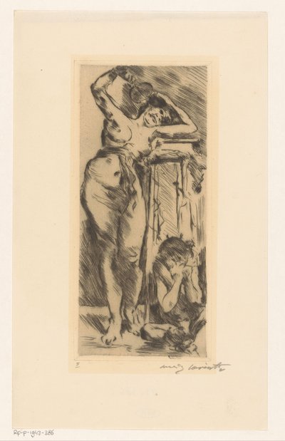 Naken kvinna med solfjäder i handen och en hukad figur till höger om henne av Lovis Corinth (signed by artist)