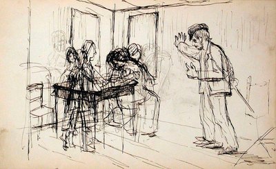 Timmerstuga (recto), figurer i interiör (verso) av Lovis Corinth
