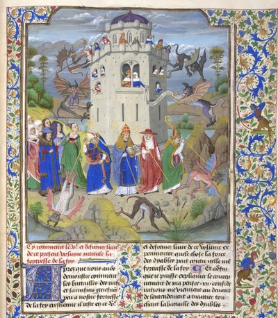 Trons fästning Miniatyr av de heliga Gregorius, Augustinus, Hieronymus och Ambrosius kämpar mot demoner, sent 1400-tal. av Loyset Liedet