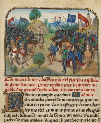 Frankrikes och Bourgognes arméer med Martel i bön av Loyset Liedet