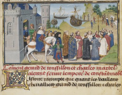 Den bysantinske kejsaren välkomnade Roussillon och Martel, 1468-1470 av Loyset Liedet