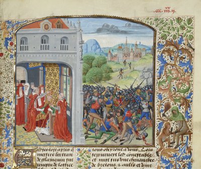 Krönandet av påven Gregorius XI och slaget vid Pontvallain, 1370, ca 1470-1475. av Loyset Liedet