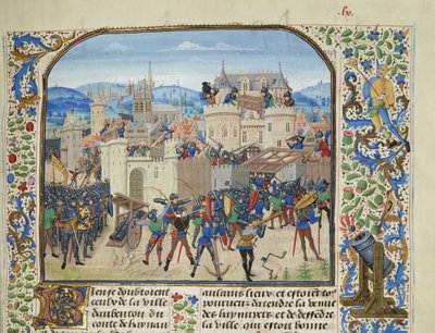 William II, greve av Hainaut tar och förstör Aubenton, 1340, ca 1470-1475. av Loyset Liedet
