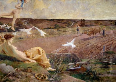 Fortune allegorisk representation av överflöd och fertilitet. En bonde som plöjer sin åker i bakgrunden. Detalj. Måla maroufle på gips av Luc Olivier Merson (1846-1920) 1901 sön. 2,22x2,9 m Paris, musee d