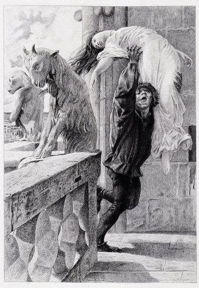 Quasimodo ableve Esmeralda - i "Notre Dame de Paris"" av Victor Hugo av Luc Olivier Merson, graverad av Gery Bichard, ed. E. Testard, Paris av Luc Oliver Merson