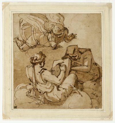 Allegoriskt ämne (ängel över två sibyllor) av Luca Cambiaso