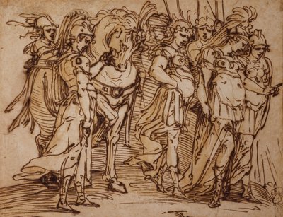Amazoner med en häst i procession till höger (penna och bläck) av Luca Cambiaso