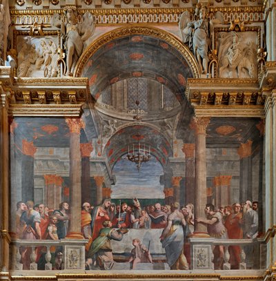 Genua, Duomo (St. Lawrence-katedralen), inuti, Lercari-kapellet eller det heliga sakramentets kapell (norra absiden), norra sidan: "Presentationen i templet", fresk av Luca Cambiaso av Luca Cambiaso