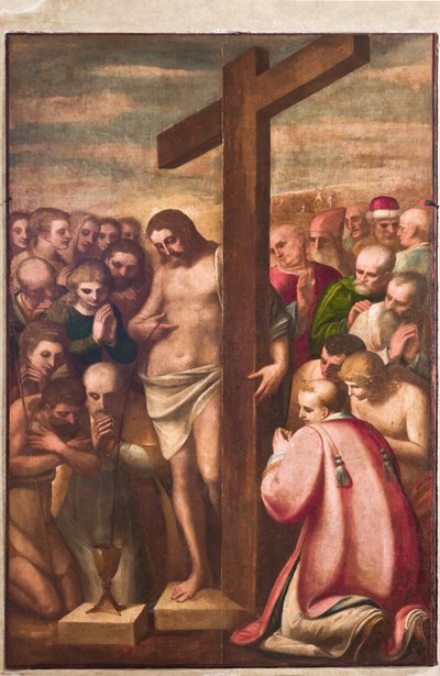 Genua, Duomo (St. Lawrence-katedralen), sakristia, kapell: "Eukaristisk Kristus tillbedd av heliga", av Luca Cambiaso, ca 1580 av Luca Cambiaso