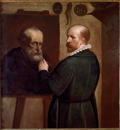 Självporträtt av konstnären som gör porträttet av sin far Målning av Luca Cambiaso (1527-1585) 1570 ca. Sol. 104x97 cm Genes, Musei di Strada Nuova av Luca Cambiaso