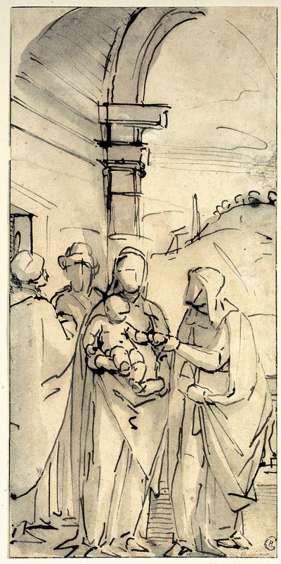 Den heliga familjen med Sts Anne och Joachim av Luca Cambiaso