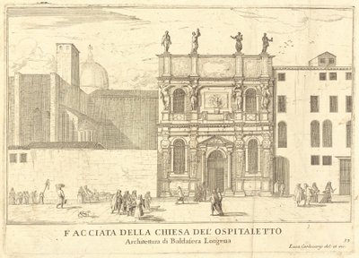 Fasad av Ospitalettokyrkan (skylt 33) av Luca Carlevariis