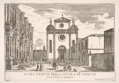 Skylt 38: Vy över fasaden på kyrkan St. Roch och till vänster fasaden på Schoo..., 1703. av Luca Carlevarijs
