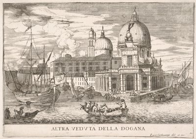 Skylt 61: Utsikt över tullhuset Dogana da Mar vid sammanflödet av Canal Grande a..., 1703. av Luca Carlevarijs
