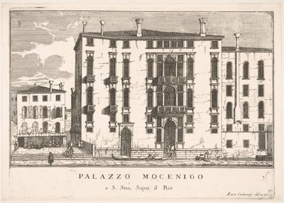 Skylt 91: Utsikt över Mocenigo-palatset i Campo San Stae, Venedig, 1703, från byggnaderna..., 1703. av Luca Carlevarijs