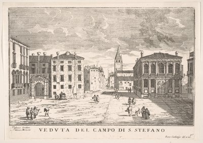 Skylt 95: Utsikt över Campo Santo Stefano med Loredanpalatset och Morosinipalatset, Venedig ..., 1703. av Luca Carlevarijs