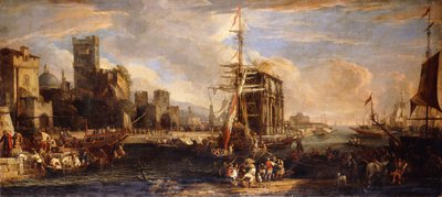 En Capriccio av en hamn vid Medelhavet med österrikisk sjöfart, köpmän och sjömän på kajer i förgrunden, ett sällskap av milis nära Konstantins båge och Castel Sant"Angelo bortom, av Luca Carlevaris