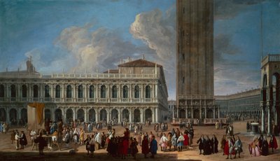 Piazzetta och Piazza San Marco, Venedig (olja på duk) av Luca Carlevaris