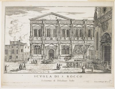 Utsikt över St. Roccos brödraskap, tallrik från The Buildings and Views of Venice, 1703, 1750-53 av Luca Carlevaris