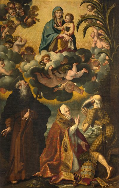Sankt Antonius, Madonnas och barnets altare med de heliga Anthony Abbot Paul Eremit och påven Gregory XIV, Luke Cattapane 1593 av Luca Cattapane