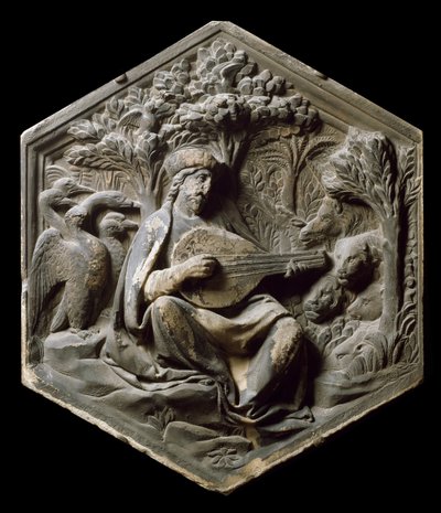 Allegory of Music som Orphee Skogens djur lyssnar på Orphee som spelar luta. Hög relief av Luca della Robbia av Luca Della Robbia