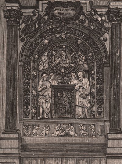 Altaret i Santa Maria delle Grazie-kyrkan, av Luca della Robbia, Montepulciano, Toscana, Italien, träsnitt från Le cento citta d