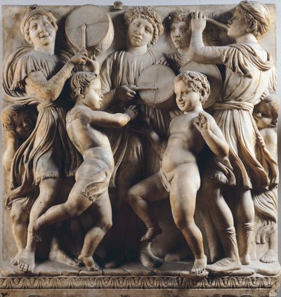 Barn och keruber som dansar, sjunger och spelar, detalj av Cantoria (körgalleri) av Luca Della Robbia