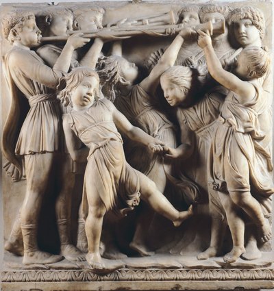 Barn och keruber som dansar, sjunger och spelar, detalj från Cantoria (körgalleri) av Luca Della Robbia