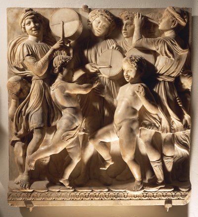 Prisa honom i timpano (Psalm 150, Prisa Herren), panel med trummisar av Luca Della Robbia
