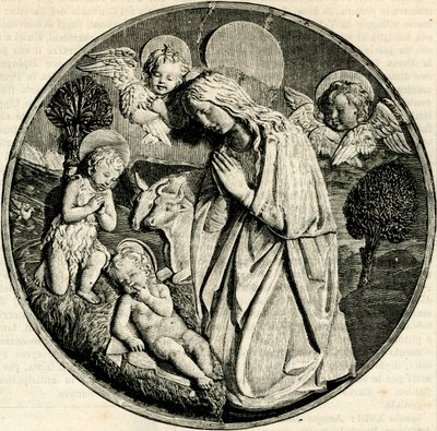 Madonna i tillbedjan av barnet med spädbarnet Johannes Döparen och keruberna, av Luca della Robbia (1399/1400-1482), Prato, Toscana, Italien, träsnitt från Le cento citta d
