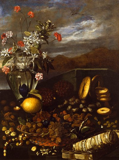Stilleben med torkad frukt, blommor och landskap, av Luca Forte (1610-1670) av Luca Forte