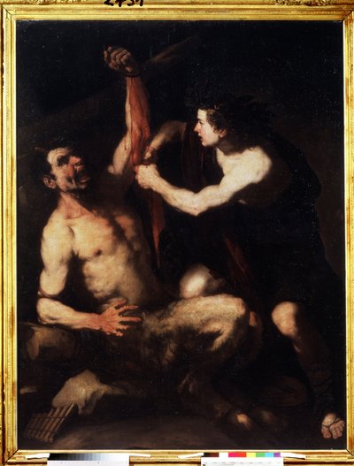 ""Apollo och Marsyas"" Apollo, efter att ha vunnit utmaningen mot Marsyas, får honom att flå och sedan kastas in i en grotta. Målning av Luca Giordano (1632-1705) cirka 1650. Maner. Pushkin-museet, Moskva av Luca Giordano