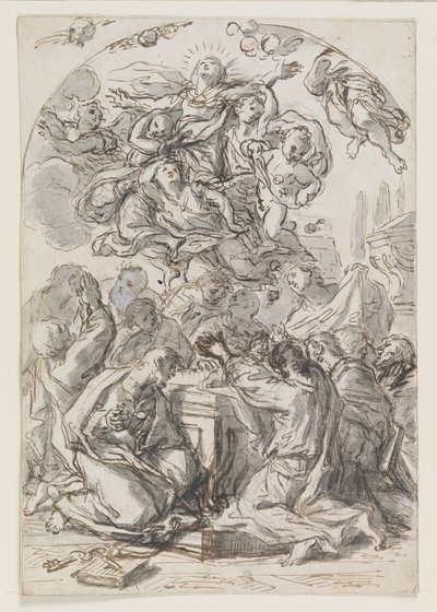 Jungfru Marie himmelsfärd; a tergo: Huvud av kvinna och barn av Luca Giordano