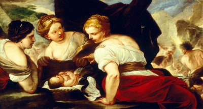 Daughters of Cecrops öppningskorg som rymmer baby Erichthonius, av Luca Giordano (1634-1705), olja på duk, 76,5x133,5 cm av Luca Giordano
