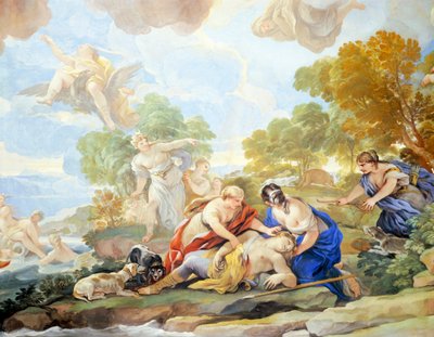 Death of Adonis, detalj av cykeln av fresker i Hall of Mirrors av Luca Giordano (1634-1705), fresk, Palazzo Medici Riccardi, Florens av Luca Giordano