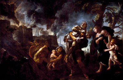 Enee flydde Troie Enee, bärande Anchise, flydde staden föll i händerna på Acheans. Målning av Luca Giordano (1634-1705) 1675-1680 Genes, National Gallery of Spinola Palace av Luca Giordano