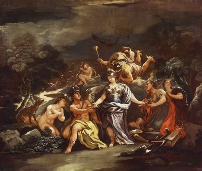 Minerva som beskyddare av konst och vetenskap, av Luca Giordano, olja på duk av Luca Giordano