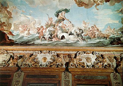 Neptunus, detalj av taket i galleriet, ca 1670-88 (fresk) av Luca Giordano