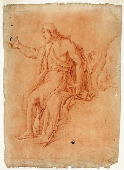 Sankt Johannes Döparen predikar (rekto); Naken man med upphöjda armar och skisser av huvuden (verso) av Luca Giordano