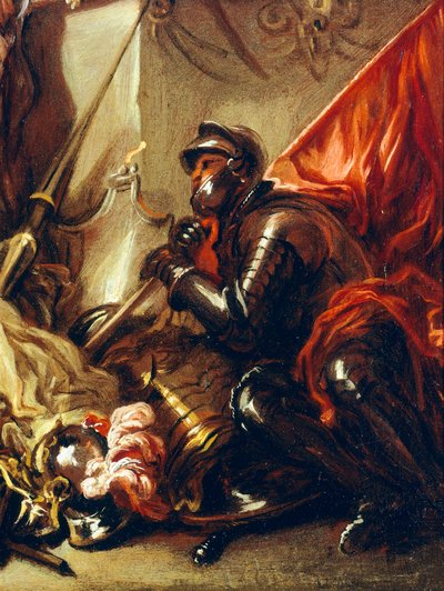 Soldat håller banderoll, detalj från Allegory of War, av Luca Giordano (1634-1705), olja på duk, 61x50 cm av Luca Giordano