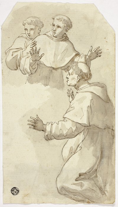 Tre förskräckta munkar, en knäböjande, två stående av Luca Giordano