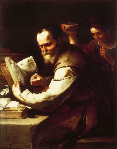 Xanthippe häller vatten på Sokrates hals, av Luca Giordano (1634-1705), olja på duk av Luca Giordano